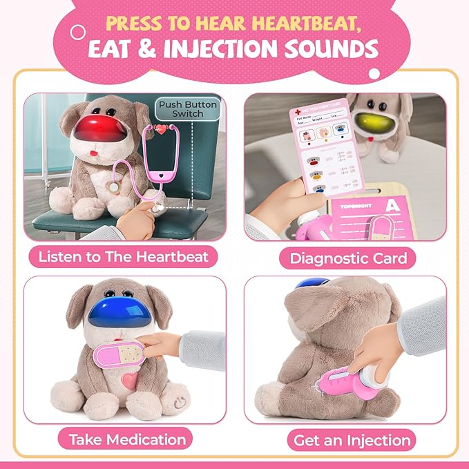 Interactive Vet Play Set, Toy Veterinarian Kit for Kids,Pretend Pet Doctor Set with Electronic Dog and Dress Up Costume Playset for Toddler Girls 3-5 Gifts