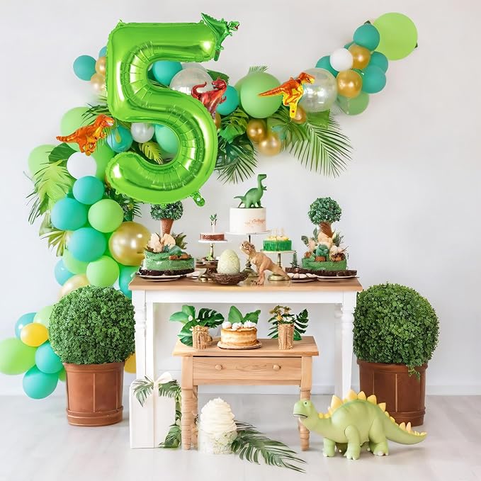 Dinosaur Green Number 5 Balloon, 40 Inch Big Large Foil Helium Green Number Balloon with 4 Pcs Mini Dinosuar, Dinosuar Mylar Balloons Set for 5 Year Old Birthday Party Decorations Supplies