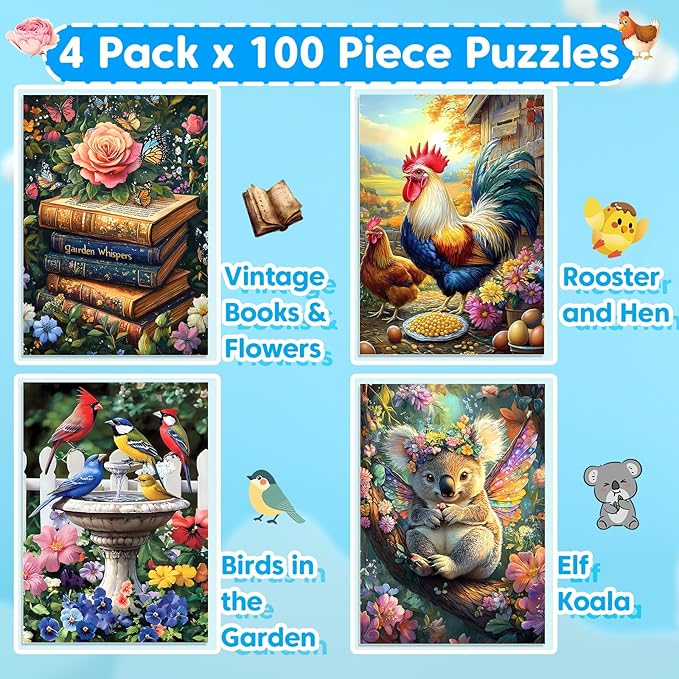 4 Packs 100 Piece Jigsaw Puzzles for Adults - Vintage Puzzles – Large Pieces Puzzle for Seniors Easy Beginner Kids Puzzle 8-10 Gifts for Girls Boys – 11" x 15" Each