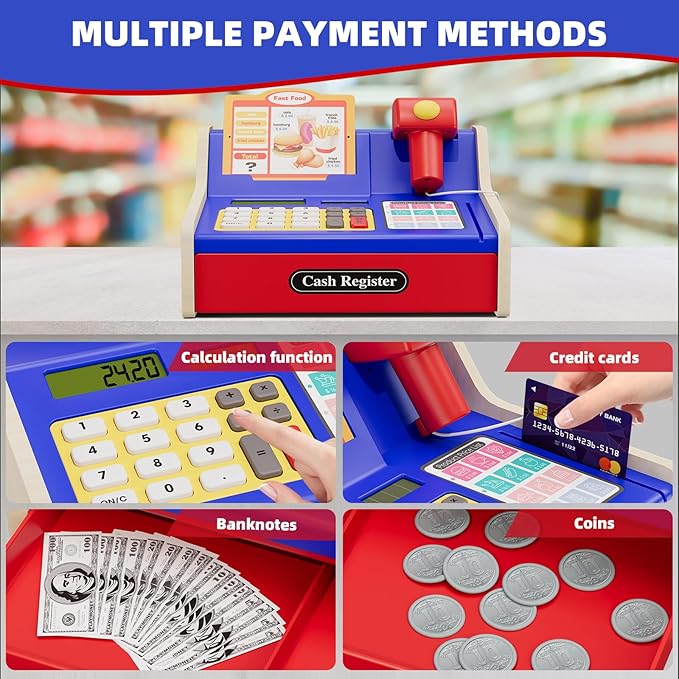 HYES Rechargeable Wooden Cash Register for Kids, Toy Cash Register with Play Money, Toy Food, Pretend Play Supermarket & Fast Food Restaurant, Toddler Learning Toys for Boy & Girl Age 3-5, Blue