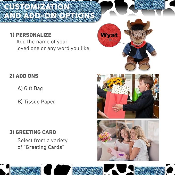DolliBu Sitting Buffalo Stuffed Animal Cowboy Plush with Name Personalization - Western-Themed Buffalo Plush with Cute Cowboy Costume Denim Shirt Vest, Bandana, Leather Pants, and Hat - 8.5 Inches