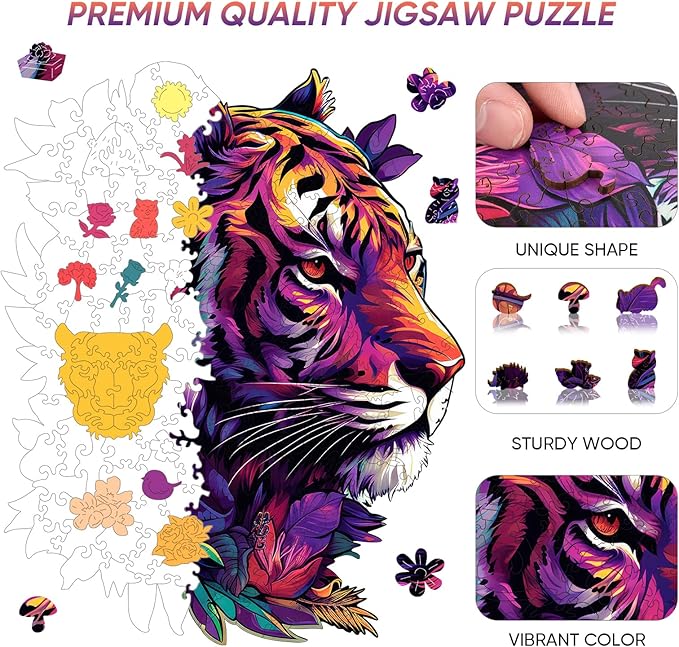 Qiuenisray Wooden Puzzles for Adults 500 Pieces, Tiger Flower Jigsaw Puzzles, Home Decor, FSC Certified Royal Unique Shape Animal Adult Puzzles, Best Gift for Family Game 13.8x17.4 in