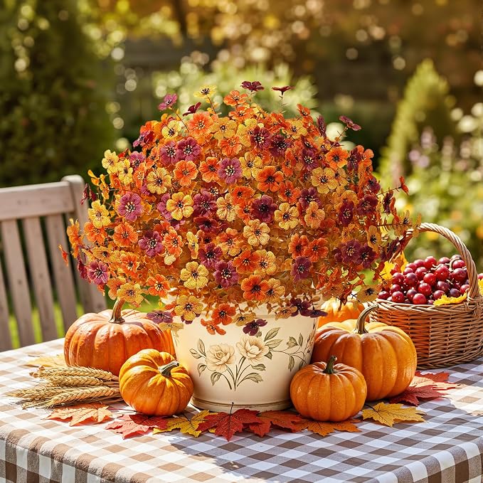Alupssuc 24 Bundles Artificial Fall Flowers, UV Resistant Faux Mums Porch | Silk & Plastic, 13 Inch Tall, for Indoor Outdoor Planters Yard Patio Window Box, Autumn Outside Realistic Fake Decoration