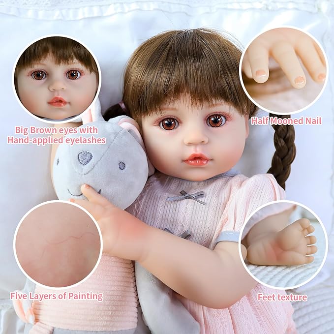 SCOM Lifelike Reborn Doll, Full Silicone Body - 18 Inch Realistic Dolls Girl with Long Hair Handmade, With Cloths and Accessories, For Christmas, Birthdays, Idea Gift for Mothers, Girls and Collectors