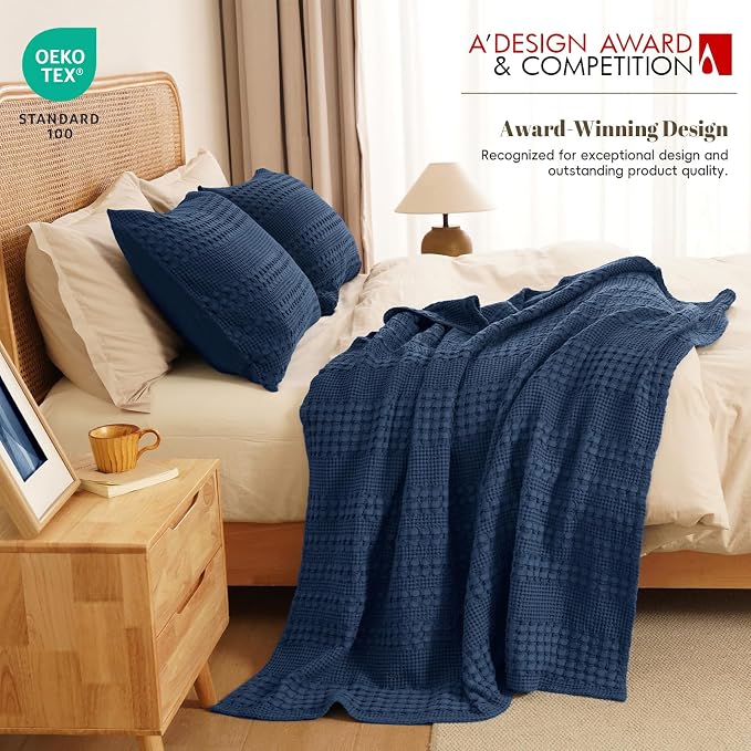 PHF 100% Cotton Waffle Weave Throw Blanket, Lightweight Breathable Summer Blanket for Couch Sofa, Pre-Washed Soft Throws for Bed, Office, Travel & Stylish Home Decor, 50"x60", Bright Navy