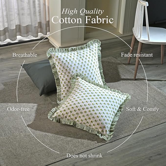 CPC Lotus Meadow Hand Block Print 100% Cotton Ruffle Throw Pillow Cover 24x24 inch with Hidden Zipper Decorative for Couch, Bed, Sofa, Farmhouse, Cottagecore Decor Gift Christmas Fall Thanksgiving