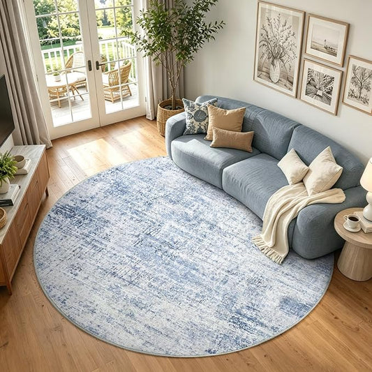 6Ft Round Area Rugs for Living Room, Soft Non-Slip Washable Rugs Modern Abstract Pattern Carpet for Bedroom Indoor Floor Nursery Home Decor (Blue)