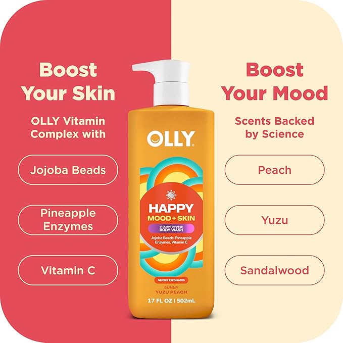 OLLY Exfoliating Body Wash Happy Mood + Skin jojoba beads, pineapple enzymes & vitamin C to exfoliate and reveal softer, glowing skin 17 Fl Oz