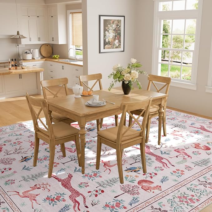 DUKINO 5x7 Area Rugs, Washable Animal Rug for Living Room Non Slip, Pink | Low Pile, Soft Indoor Carpet for Bedroom, Kids Room, Dining Room, Pet Friendly, Farmhouse, Stain Resistant, Non-Shedding