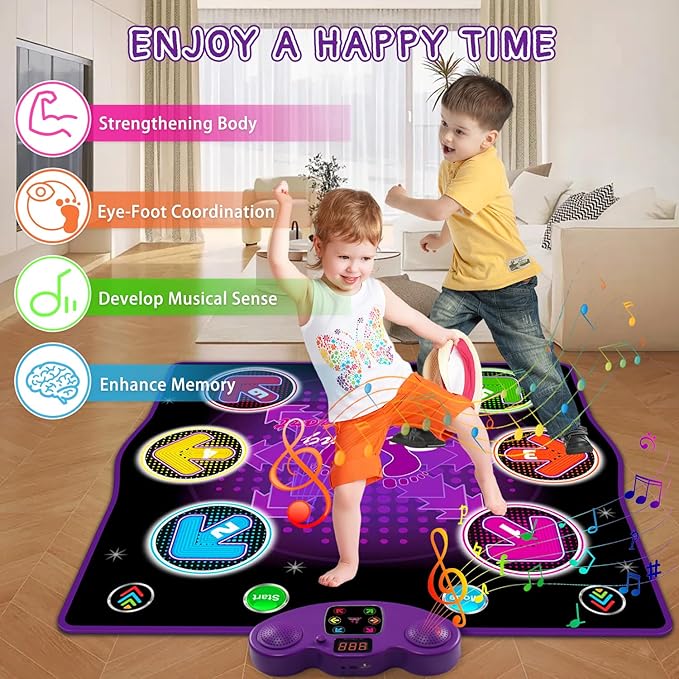 Ysityum Kids Dance Mat Toy with 2 Gesture-Sensing Wristbands - Wireless Bluetooth Light-Up 6-Key Electronic Dance Pad, 6 Games & Music Modes, Birthday Gift for Girls Boys