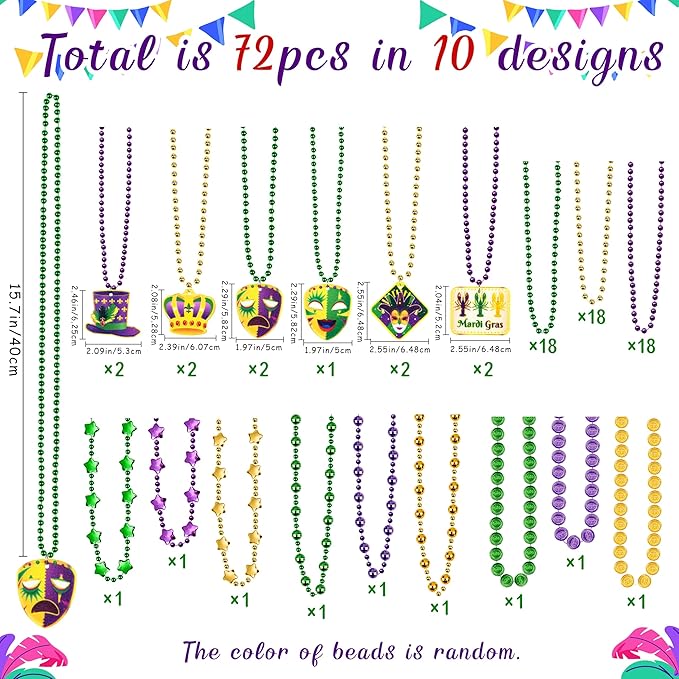 Moon Boat 72PCS Mardi Gras Beads Bulk Carnival Accessories for Party Favors Decorations Festival Parades
