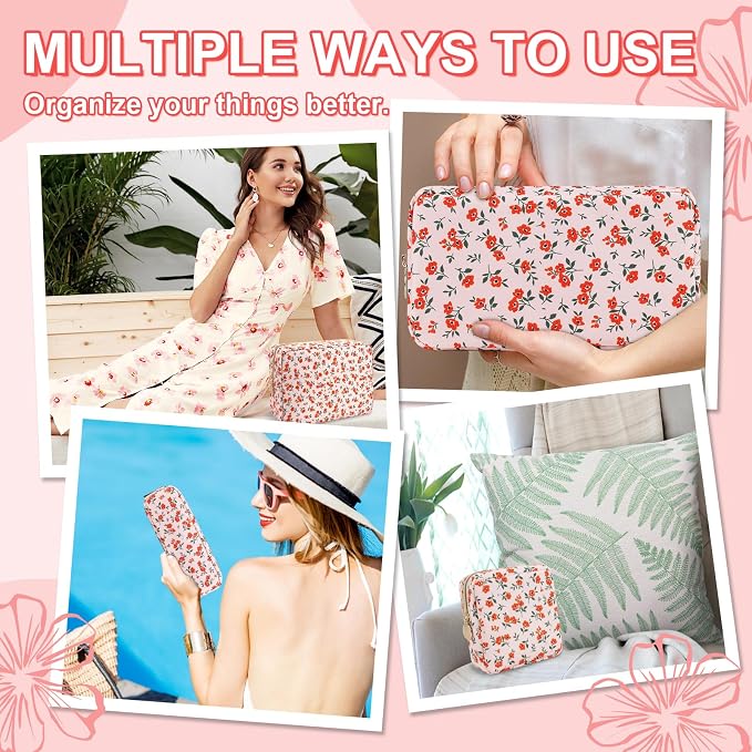UIXIZQ Waterproof Mini Floral Makeup Bag Pouch for Purse,Nylon Flower Cosmetic Travel Bag Small Preppy Toiletry Organizers Bag for Women Girl,Cute Zipper Pouch Coin Purse for Work(Mini Pink-Flowers)