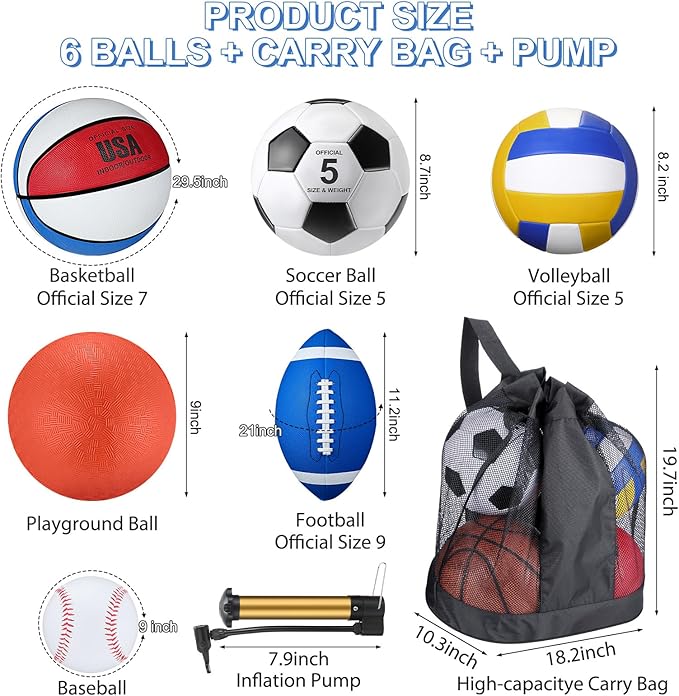 Libima 6 Pcs Multi Sport Ball Set Gift Official Size Football, Basketball, Soccer, Volleyball, Playground Ball, Baseball with Outdoor Sports Equipment Bag Pump for Christmas Holiday