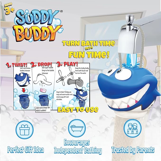 Suddy Buddy® Bubble Maker for Bathtub | Fun Kid Bubble Bath Toys | Bath Bubbler for Boys & Girls Ages 3+ | Includes 1 Foam Dispenser, 1 Trading Card & 3 Super-Bubble Drops | Calvin Clownfish