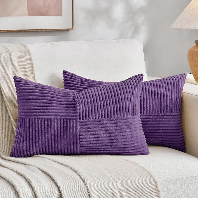 Fancy Homi 2 Packs Purple Lumbar Decorative Throw Pillow Covers 14x24 Inch for Living Room Couch Bed, Farmhouse Boho Home Decor, Soft Striped Corduroy Rectangle Accent Cushion Case 35x60 cm
