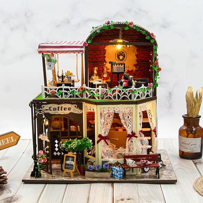 Foyucool DIY Miniature House Kit, Dollhouse Kit with LED Light, Mini House Building Kits for for Adult to Building, Christmas Home Decorations Gifts for Family and Friends, Coffee Bar