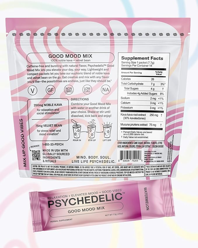 Psychedelic Water Good Mood Mix Watermelon Kava Drink Mix Packets - 250mg Noble Kava Root + Mucuna Pruriens - Vegan, Non-GMO, Gluten-Free - AlcoholFree Relaxation Drink - 14 Servings