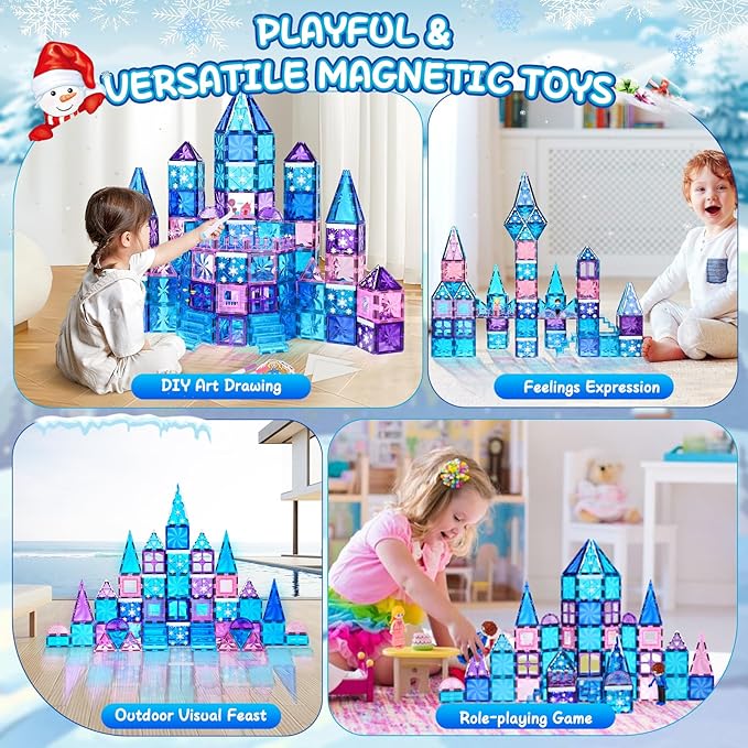 145pcs Diamond Magnetic Tiles Set with Magnetic Doodle Kit, 3D Blocks Magnet Toys for Girls 3 4-7,8-12, Educational Stem Toys Include Stairs Dolls Decals Stickers,3 4 5 6 7 8+ Girls Gift