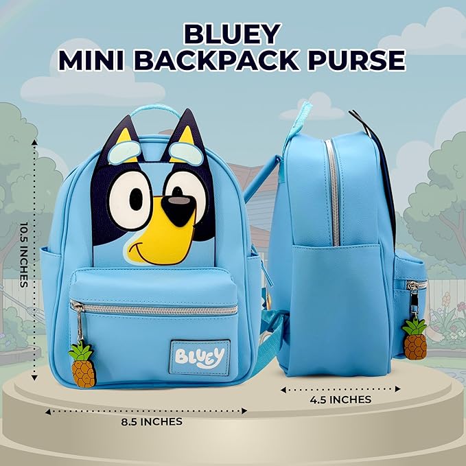 AI ACCESSORY INNOVATIONS Bluey Big Face Mini Cosplay PU Backpack Purse, Shoulder Bag with Epoxy Filled Metal Pineapple Charm, 10.5 Inch, Adjustable Straps, Faux Leather