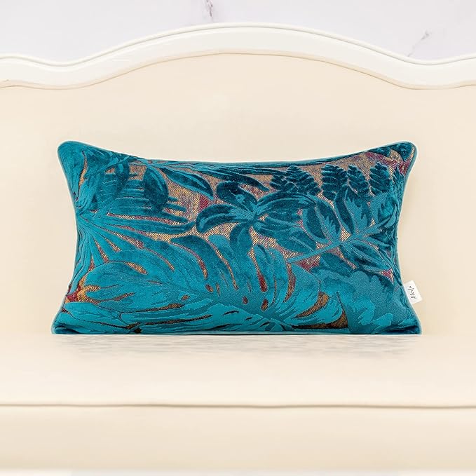 Alerfa 12 x 20 Inch Light Blue Rectangle Maple Leaf Pillow Embroidery Cut Velvet Cushion Case Luxury Modern Lumbar Throw Pillow Cover Decorative Pillow for Couch Sofa Living Room Bedroom Car