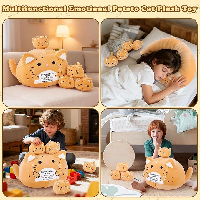 5 PCS Emotional Plush Potato Cat Stuffed Animal Family-19" Large Potato Cat Plush, Mommy Plushies with 4 Baby Kittens Plushies, Kawaii Pillow Christmas Birthday Gifts for Kids Boys Girls