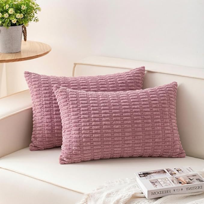 Aegero Pack of 2 Corduroy Decorative Throw Pillow Covers 12x20 Inch, Pink | Fall Soft Striped Pillow Covers Modern Farmhouse Home Decor Christmas Throw Pillow Covers for Sofa Living Room Couch Bed