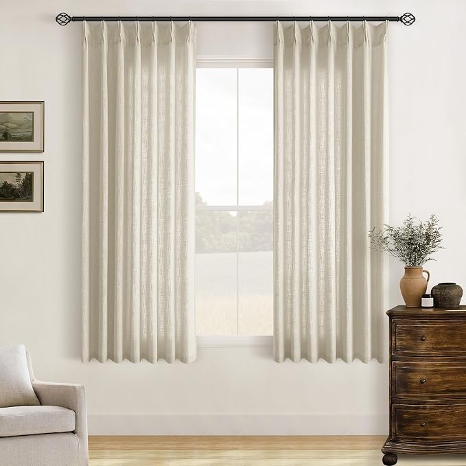TWODRAPES Beige Pinch Pleated Semi Sheer Linen 63 Inch Curtains 2 Panels | for Dining Living Room Bedroom Window, Memory Shape Trained, 400GSM Fabric, Light Filter, Pinch Pleat with Hooks Rings 40x63