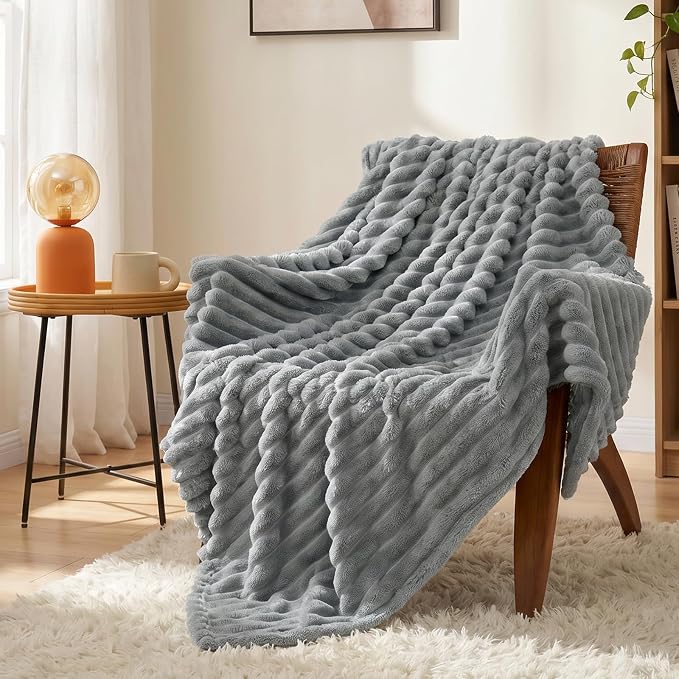 Gray Blankets Queen Size for Bed, 90 x 90 Inch | 300GSM Ribbed Fleece Blanket, Soft, Cozy & Lightweight, OEKO-TEX Certified, All-Season for Bedrooms, Guest Rooms & Gifting