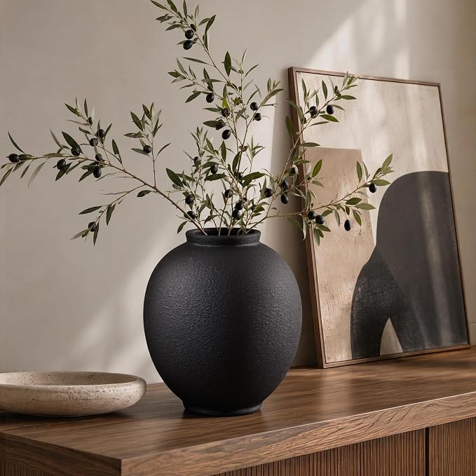 Starttag Large Black Ceramic Vase, 9.8 inch Rustic Farmhouse Flowers Vase for Home Decor, Sandstone Texture Round Pottery Tall Vase Indoor for Table Living Room Decor