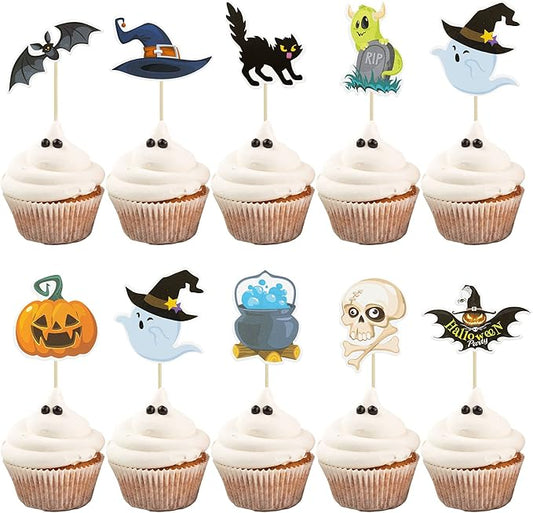 Gyufise 36Pcs Halloween Cupcake Toppers Halloween Pumpkin Cat Bat Ghost Cake Decorations for Theme Babyshower Kids Birthday Party Supplies