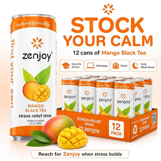 Zenjoy Adaptogen Drink Stress Relief Tea | Non Alcoholic Calming Drink w/Ashwagandha, Lemon Balm & L-Theanine for Focus | Stress Tea Calming Social Mocktail with Adaptogens (12 Pack, Mango)