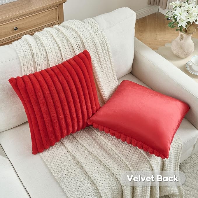 FUTEI Pack of 2 Faux Fur Throw Pillow Covers 20x20 Inch, Red | Fluffy Faux Rabbit Fur Front/Premium Velvet Back,Hidden Zipper,Machine Washable,Non-Shedding,Colorfast,Insert Not Included.