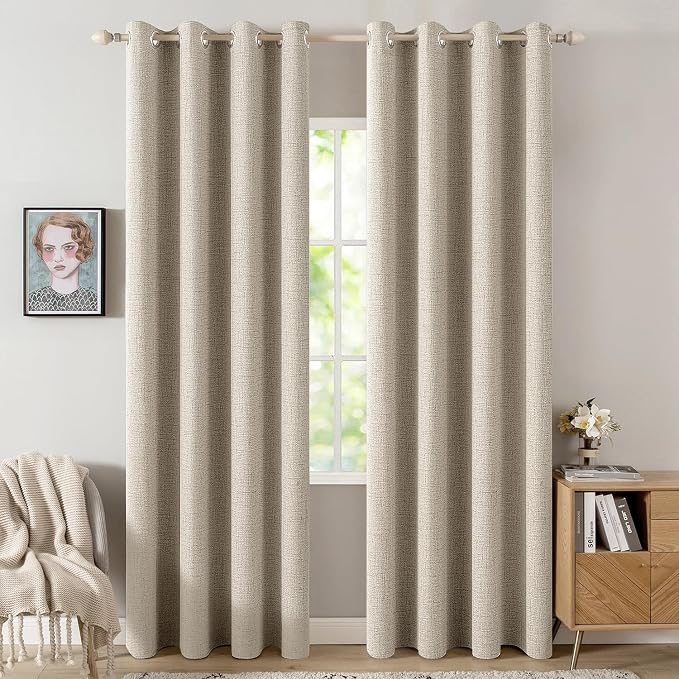 MIULEE Linen Curtains 100% Blackout for Bedroom Thermal Insulated Stone Grommet Room Darkening Curtains & Drapes Fall Decor for Living Room 52 x 72 Inch (2 Panels)