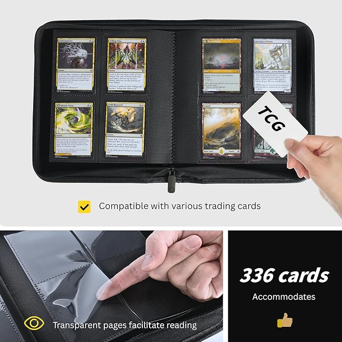 336 Card Binder, 4-Pocket Zipper Binder for Trading Cards, Side Loading Water-Resistant Album for MTG, TCG & Sports Cards (Black)