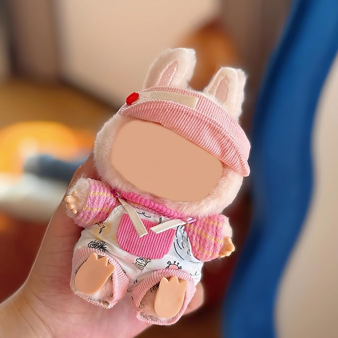 Doll Clothes Set for 15cm/17cm Dolls Outfit Accessories, Pink hat + Overalls + Yellow and Pink Short-Sleeved Knitted Sweater + Clothes Hanger, No Doll Included (NO Dolls)