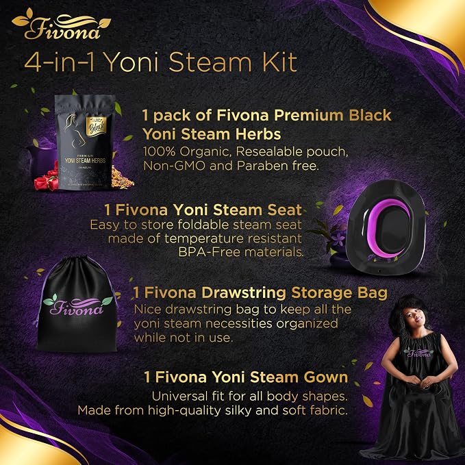 FIVONA 4 in 1 Yoni Steam Kit Black - Foldable Over The Toilet Steamer Seat with Herbal Blend, Storage Bag and Steam Gown - Effective Detox pH Balance Cleansing and Relaxation