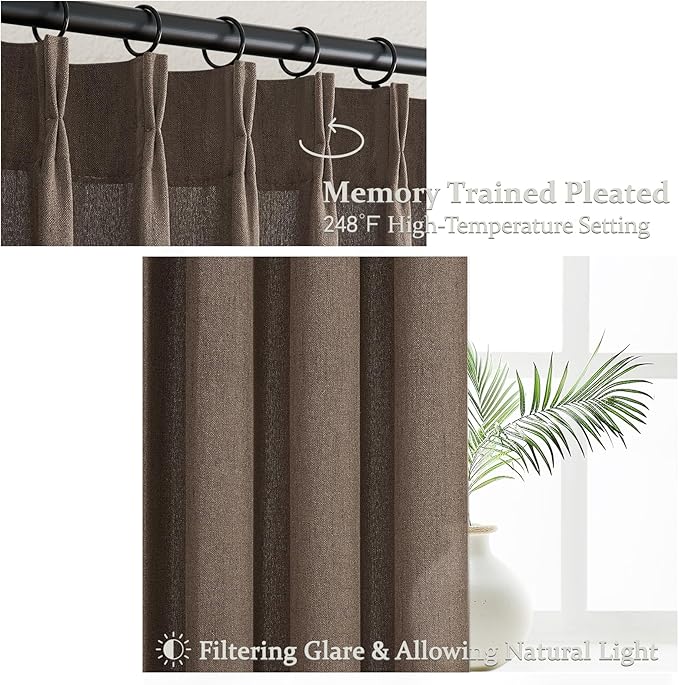 Linen Pleated Dark Brown Curtains 96 Inches Long for Sliding Glass Doors, Memory Trained Semi Sheer Drapes Light Filtering Non See Through Rustic Windows Curtain 2 Panels Set 8FT Length with Back Tab
