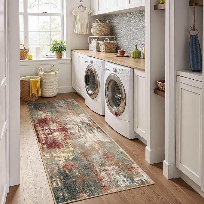 RELEANY Washable Runner 2'x6' Abstract Area Rug for Hallway Rustic Brown | carpet for kitchen, entryway, bathroom, living room, bedroom, printed pattern, non-slip, soft, stain-resistant, easy to clean