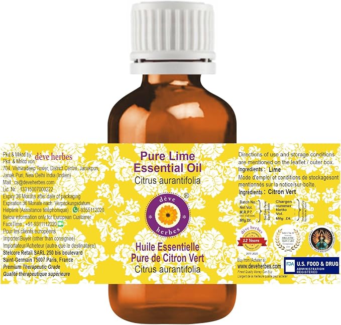 Deve Herbes Pure Lime Essential Oil (Citrus aurantifolia) Steam Distilled (Pack of Five) 100ml X 5 (16.9 oz)