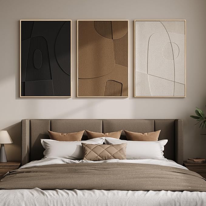 Large 3D Textured Framed Neutral Abstract Wall Art for Living Room, 3 Piece | Solid wood frames, sculptural curved detail, black white brown tones, big size 24x36 in, modern wall decor for bedroom office