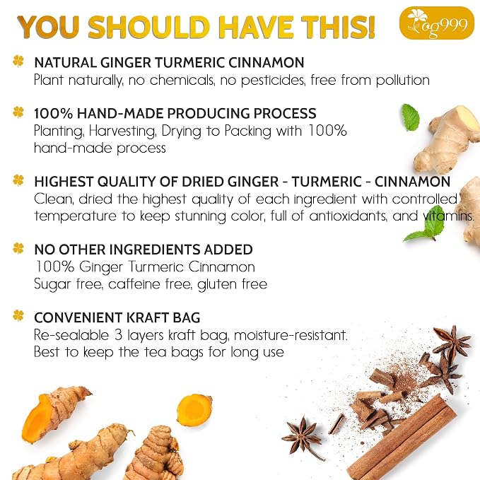TOG999, Premium 15 Tea Bags Turmeric, Ginger, Cinnamon, 100% Natural, Hand-made Blend of Turmeric, Ginger, and Cinnamon Herbal Tea. Eco-conscious Tea Bags. No Sugar, No Caffeine, No Gluten, Vegan.