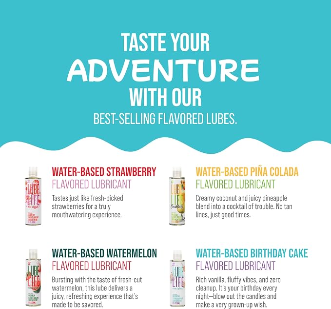 LUBELIFE Flavors Pack, Water-Based Flavored Personal Lubricants 8 x 0.3 Oz - Strawberry, Watermelon, Birthday Cake and Pina Colada lube for Men, Women and Couples, Made Without Added Sugars
