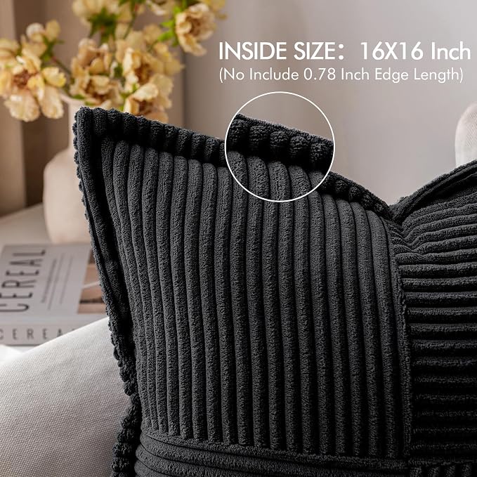MIULEE Decorative Throw Pillow Covers for Couch 16x16 Inch Black 2 Pack | Boho Broadside Striped Patchwork Pillow Covers, Soft Corduroy Cushion Cases, For Sofa Bed Livingroom Home Decor