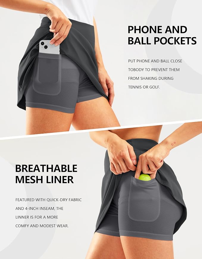 16" Golf Skirt with 2 Zipper Pockets | Tee Holder, Mesh Shorts, High Waisted, Casual, Pickleball, Athletic, Tennis, Skorts for Women