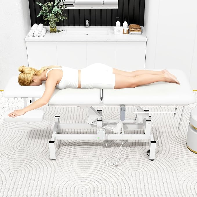 Professional Electric Massage Table, 2 Motors Hydraulic Electric Lift Adjustable Waist and Height Lifting Functions for Treatment/Physical Therapy/Spinal Massage/Facial Spa/Waxing/Tattooing - White