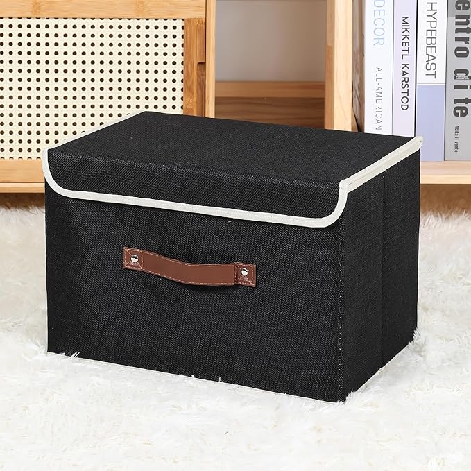 ANMINY Fabric Storage Box Bins with Lids, Black, 13"x9"x7.9" | Keepsake Memory Storage, Cotton Linen, PP Board Reinforced, Washable, PU Handles, Foldable & Stackable, Decorative, Medium
