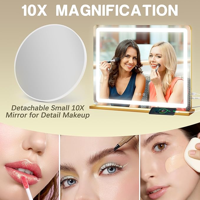 ROLOVE 23"x18" Gold Vanity Mirror with Lights, Large Lighted Makeup Mirror with 10X Magnifier, 3 Color Lighting & Stepless Dimming, Wall Mounted or Tabletop Desk Mirror for Bedroom