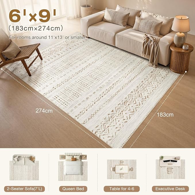 cotiled 6x9 Area Rugs Living Room Rug: Washable Boho Rugs with Non Slip Backing Large Soft Indoor Stain Resistant Carpet for Bedroom Farmhouse Dining Room Lightweight Home Decor Brown/Cream