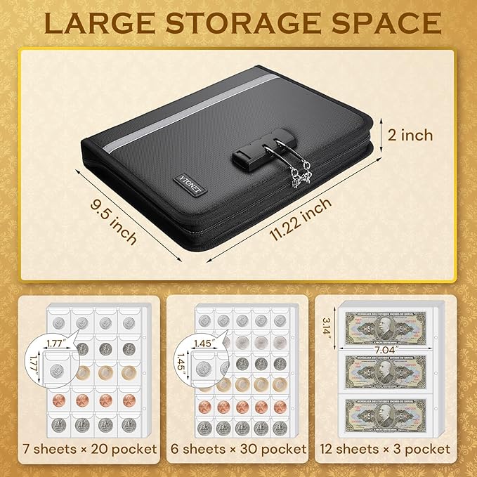 Coin Collection Book Holder for Collectors, Fireproof Coin Collection Supplies with Lock, 320 Pockets Coins Album and 36 Currency Album Storage Organizer, Coins Collector Gifts for Bill, Penny, Black