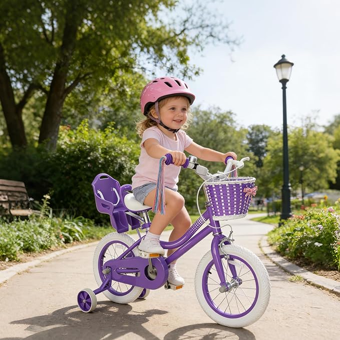 KORIMEFA Girls Bike for Ages 2-8 Years Toddler Kids with Doll Seat, 12 14 16 Inch Bicycle with Training Wheels, Little Small Princess Bicycle with Basket& Streamers, Girls Pedal Bike